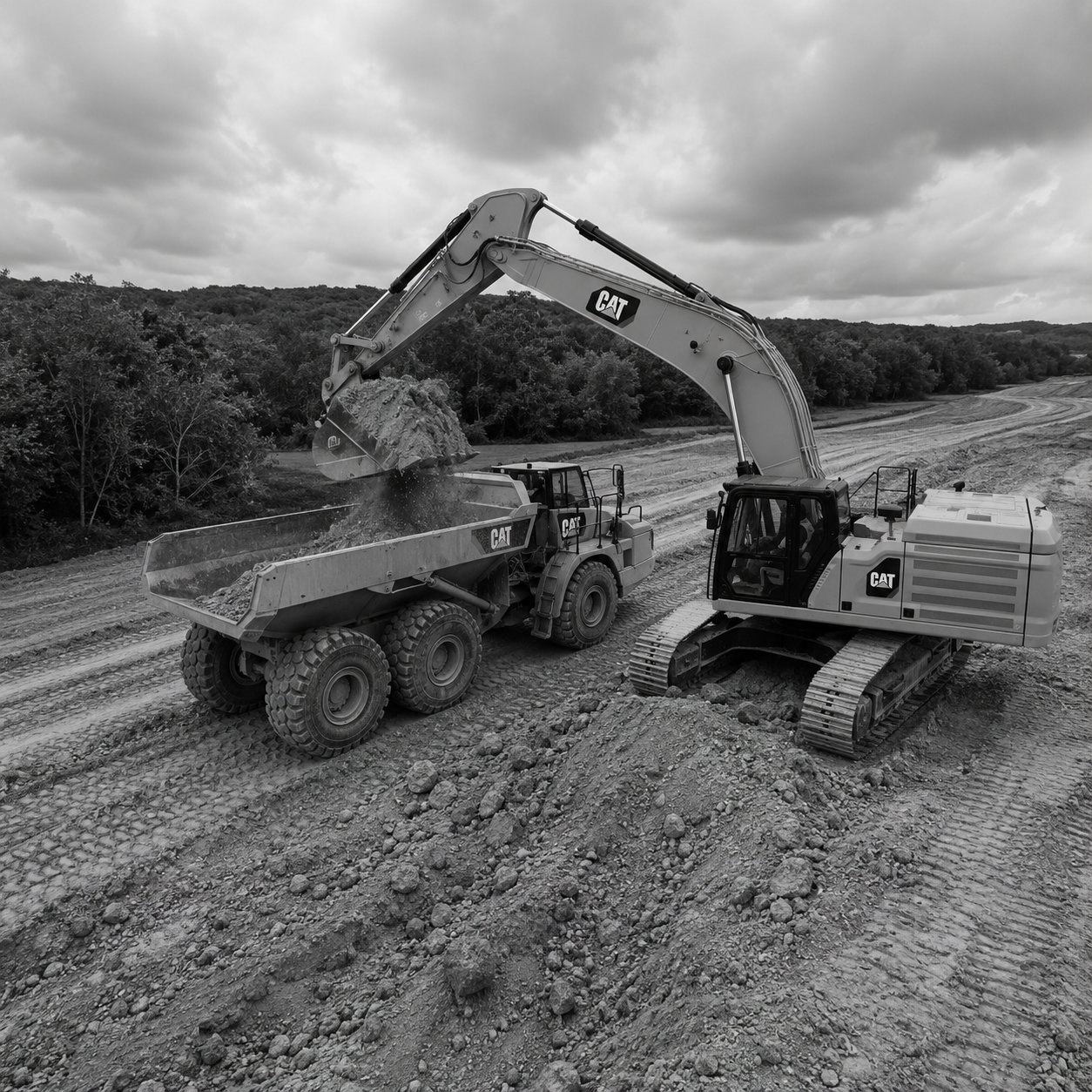 Excavator loading a dump truck at a civil construction site